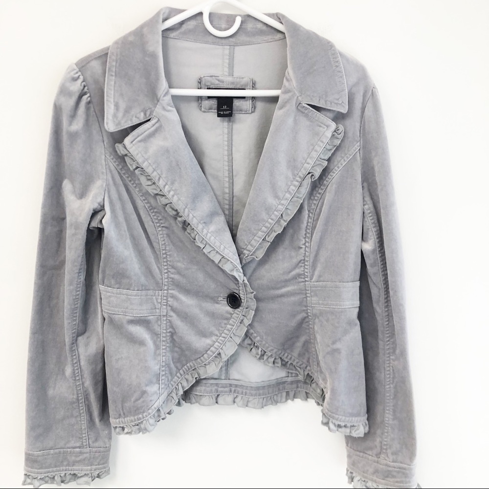 White House Black Market Gray Velvet Long Sleeve Ruffle Blazer Jacket Size 12